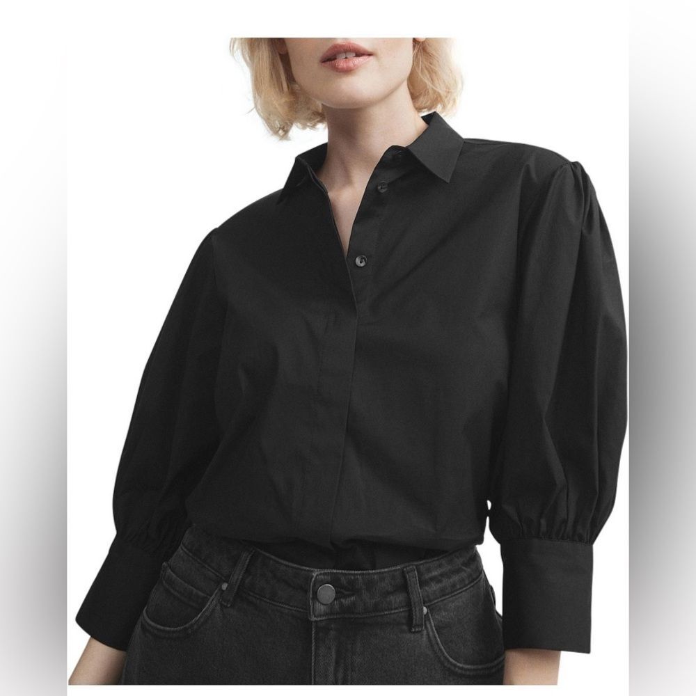 Witchery Minimal Cotton Volume Sleeve Button Up Black Top Casual Career Blouse